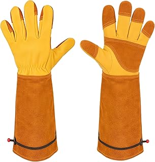 Aegend Long Gardening Gloves, Reinforced Fingertips Cowhide Leather, Elbow-Length Gauntlet Cuff, Breathable & Flexible for Rose Pruning, Planting & Weeding, Fit for Small Hands (Gold Yellow, S)