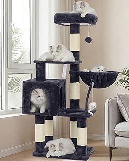 Heybly Cat Tree with Toy, Cat Tower condo for Indoor Cats, Cat House with Padded Plush Perch, Cozy Hammock and Sisal Scratching Posts, Smoky Gray HCT004SG