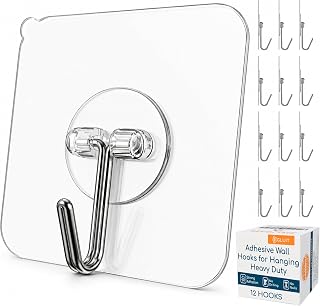 GLUIT Adhesive Wall Hooks for Hanging Heavy Duty 22 lbs Hooks for Walls No Drill, Towel Sticky Clear Hook, Waterproof, Home, Bathroom, Kitchen, Office, and Outdoor 12 Pack