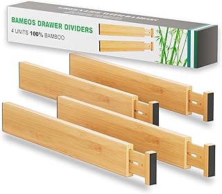 BAMEOS Bamboo Expandable Drawer Dividers – Fits 16.6"–22" Drawers, 2" High, Set of 4 | Spring-Loaded Bamboo Separator for Kitchen Island, Bathroom Vanity & Dresser Drawers