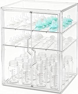 Baby Bottle Organizer, 3-Tier Bottle Storage for Countertop with Double Magnetic Doors, Clear Plastic Bottle Station Organizer Mom Gifts with 2 Dividers for Kitchen, Bathroom, Cabinet, Vanity