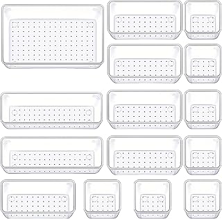 Manalete Drawer Organizers Set of 15, 4 Sizes Clear Plastic Drawer Organizers and Storage Bins for Kitchen, Bathroom, Office, Dresser Desk Drawer Organizer Tray for Jewelry, Makeup, Junk, Gadgets