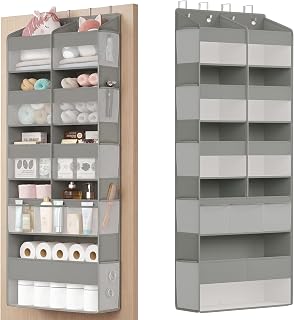 SONGMICS Over-the-Door Organizer, 9-Compartment Door Hanging Storage Shelf, Foldable Closet Hanging Organizer, Heavy-Duty, Metal Hooks, Transparent, Dove Gray URDH009GD01