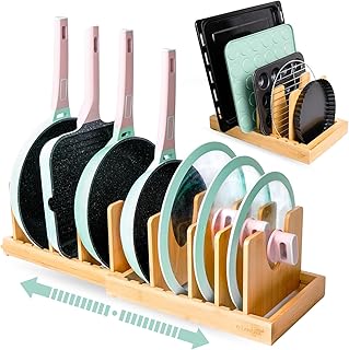 Pots and Pans Organizer under Cabinet, Bamboo Expandable Bakeware and Cutting Board Organizers, Adjustable Pot Lids Holder Rack, Cookie Sheet Baking Pan, Tray Organizer for Kitchen Storage (Natural)