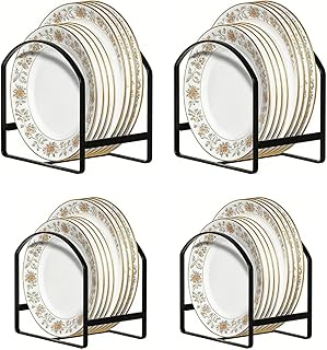 4 Pack Kitchen Plate Holder Organizer for Cabinet Space Saver Dinner Dish Plate Storage Rack Upright Dish Drying Racks Metal Dish Racks Stand for Cupboard and Countertop 2 Large 2 Small Black