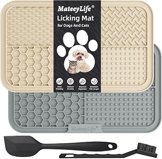 MateeyLife 2PCS Large Lick Mat for Dogs with Suction Cups, Slow Feeder Bowls,Cat Lick Mat for Anxiety Relief, Dog Toys to Keep Them Busy, Cat Licking Pad for Boredom (Gray&Beige, 9.9'' × 6'')