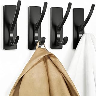 pickpiff Self Adhesive Coat Hooks for Hanging: Heavy Duty Stainless Wall Hook for Towel, Utensil, Backpack, Hat, Sturdy Metal Hanger for Bathroom, Kitchen, Door, 4-Pack, Matt Black