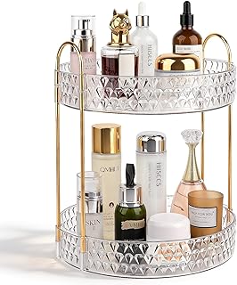 Rotating Makeup Organizer for Vanity, 2 Tier Perfume Skincare Storage for Women, Bathroom Counter Organizer, 360° Spinning Cosmetic Holder for Dresser Countertop, Clear