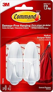 Command Medium Designer Hooks, 2 Hooks and 4 Strips, Damage-Free Hanging Wall Hook with Adhesive Strips, No Tools Great for Hanging, Organization and Storage, Holds up to 3 lb