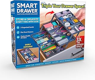 Ontel Smart Drawer Organizer - Multi-level Jewelry Holder, Cosmetics Organizer, or Office Drawer Organizer with Adjustable Dividers for Organization and Storage, Fits Drawers 9.5"W x 7.5"L x 2.75"D