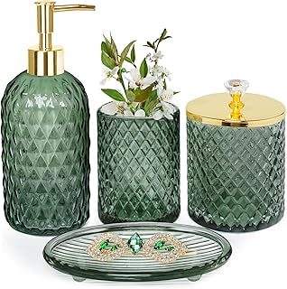 Haturi Bathroom Accessories Set, 4Pcs Sage Green Glass Bathroom Set Complete w/Bathroom Soap Dispenser Set, Toothbrush Holder, Qtip Holder, Soap Dish, Green Bathroom Decor, Gift for Home Apartment