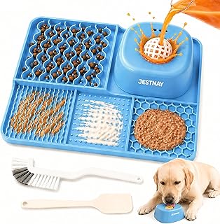Dog Lick Mat & Slow Feeder Bowl Combo, Enrichment Toy with Puzzle Dome, 4-Texture Silicone Licking Mat for Anxiety Relief, Slow Feeding, Boredom Buster with Cleaning Brush & Silicone Spatula (Blue)