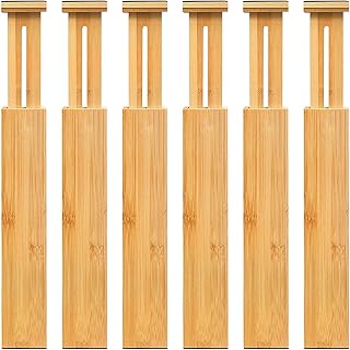 VaeFae 6-Pack Adjustable Bamboo Drawer Dividers, Expandable Drawer Organizer for Kitchen Utensils, Clothes, Bathroom, Office – Fits Drawer Interiors 16.6" to 21.8"