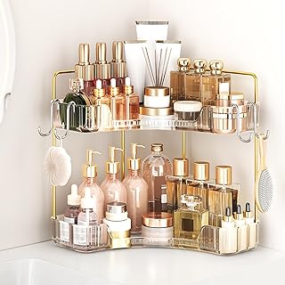 Corner Bathroom Counter Organizer 2 Tier Bathroom Organizers and Storage Countertop with Hooks Skin Care Exquisite Vanity Organizer Countertop Bathroom Storage Dresser, Kitchen-Clear