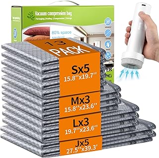 13 Pack Vacuum Seal Bags for Clothing Travel with Electric Pump, Space Saver Vacuum Storage Bags Sealed, Compression Packing Bags for Luggage, Blankets Clothes, Comforter (2 Jumbo+3 L+3 M+5 S)