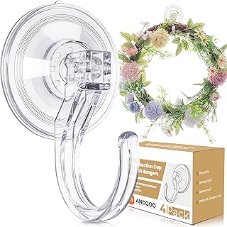 ANDGOO 4 Pack Large Suction Cup Hooks for Door Wreaths, Wreath Hangers for Front Door, Glass, Window, Shower, Upgraded 1.9" Diameter Wreath Holder, No Tools, No Damage, Holds Up to 22 lbs