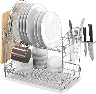 Simple Houseware 2-Tier Stainless Steel Dish Rack with Drainboard, Chrome for Kitchen