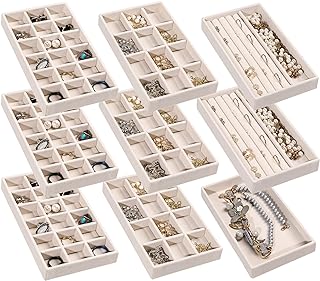 Frebeauty Jewelry Organizer Tray,Stackable Velvet Jewelry Trays,Drawer Inserts Earring Organizer For Women Jewelry Storage Display Case for Rings Stud Necklaces,Set of 9(Beige)