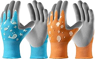COOLJOB Glow in The Dark Kids Gardening Gloves for Age 9-12, 2 Pairs Children Reflective Yard Work Rubber Coated Gloves, Blue with Whale, Orange with Jellyfish, Large