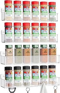 Nieifi Spice Rack Wall Mount, 4 Pack, Clear, 2 Inch Wide, Screw or Adhesive Installation, Spice Rack Organizer for Small Spice Jars, Suitable for Kitchen Cabinet or Pantry Door