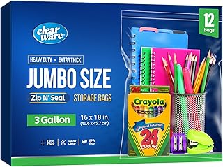 12 Large Storage Bags With Zipper Top - 3 Gallon Size, 16" x 18", Extra Large Plastic for Clothes, Travel, Moving, Large Reusable freezer bags, BPA-Free, 2-mil Thick