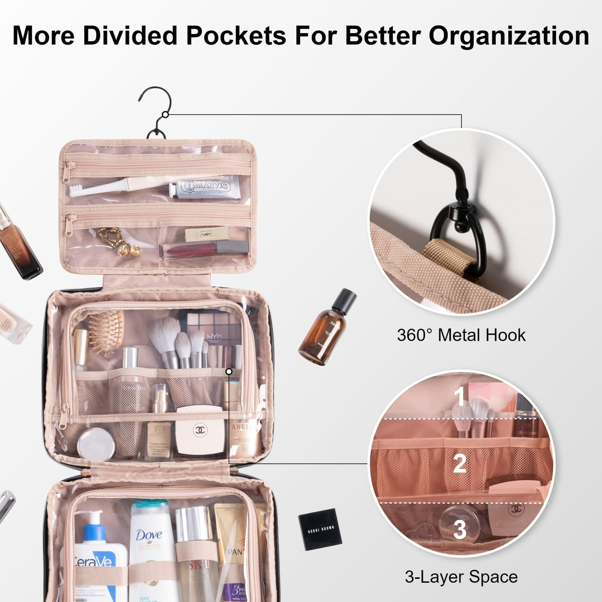 Large Toiletry Bag, Travel Makeup Bag for Women Hanging Cosmetic Bag, Full Sized Organizer for Essentials Accessories... - Image 6