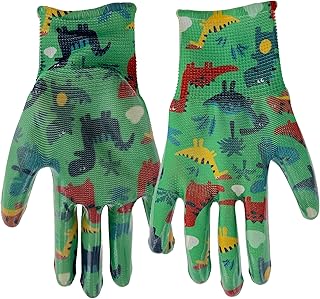 Simply MUD Kids (ages 5-8) Garden Gloves, Nitrile Coating, Lightweight, High Dexterity, Moisture Wicking, Green/Dino Pattern (MD31041M)
