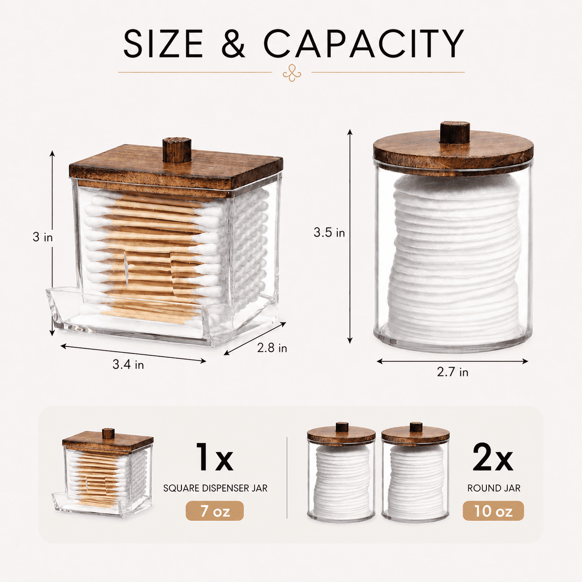 Bathroom Container, 10/7 OZ Cotton Ball/Swabs Dispenser, Apothecary Jar Organizer for Storage Brown Wood Lids - Image 2