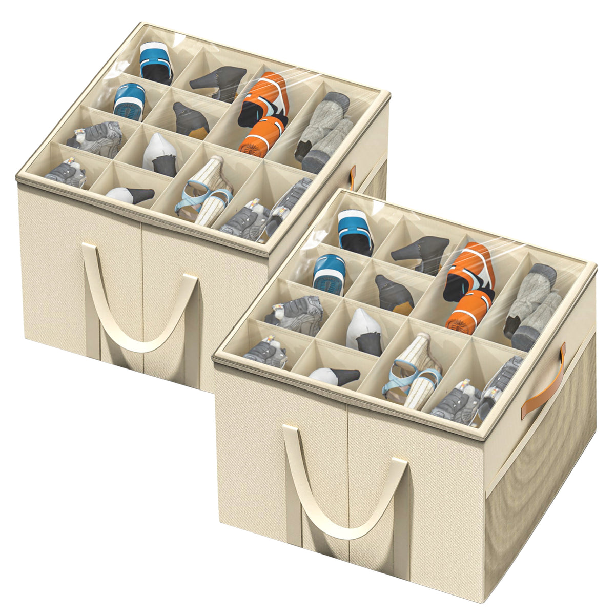 Organizer for Closet, 2 Pack Box Containers with Clear Cover and Reinforced Handles, Fits 16-32 Pairs, Beige