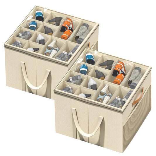 Organizer for Closet, 2 Pack Box Containers with Clear Cover and Reinforced Handles, Fits 16-32 Pairs, Beige