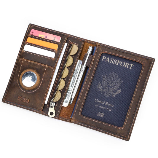 Leather Passport Card Holders for Trave Rfid , Air Tag Passport Wallet Holder (Dark Brown)