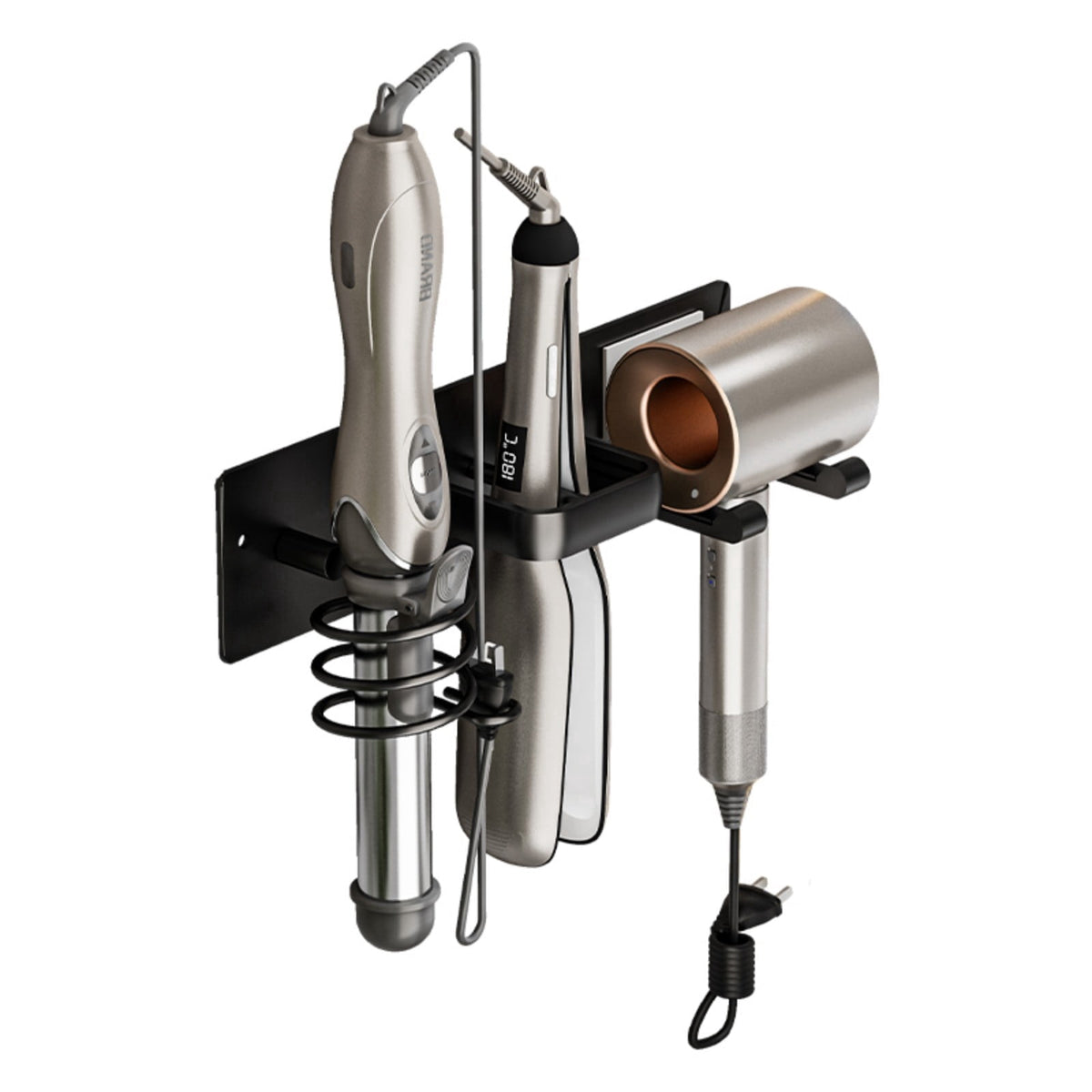 Stand Wall Mount 3-in-1 Tool Organizer with Curling Iron & Flat Iron Racks, Black