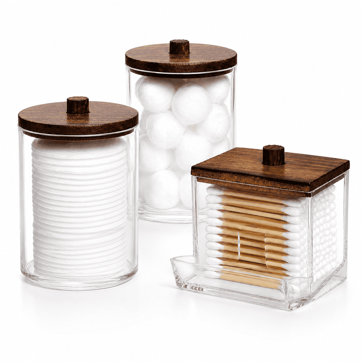 Bathroom Container, 10/7 OZ Cotton Ball/Swabs Dispenser, Apothecary Jar Organizer for Storage Brown Wood Lids
