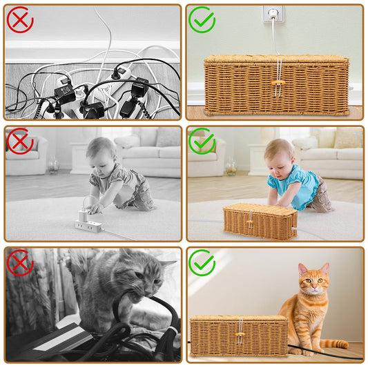 2 Pack Cable Management Box, Power Strip Organizer with Locked Cover, Handmade Rattan Cable Organizer Cords Hider, De... - Image 2