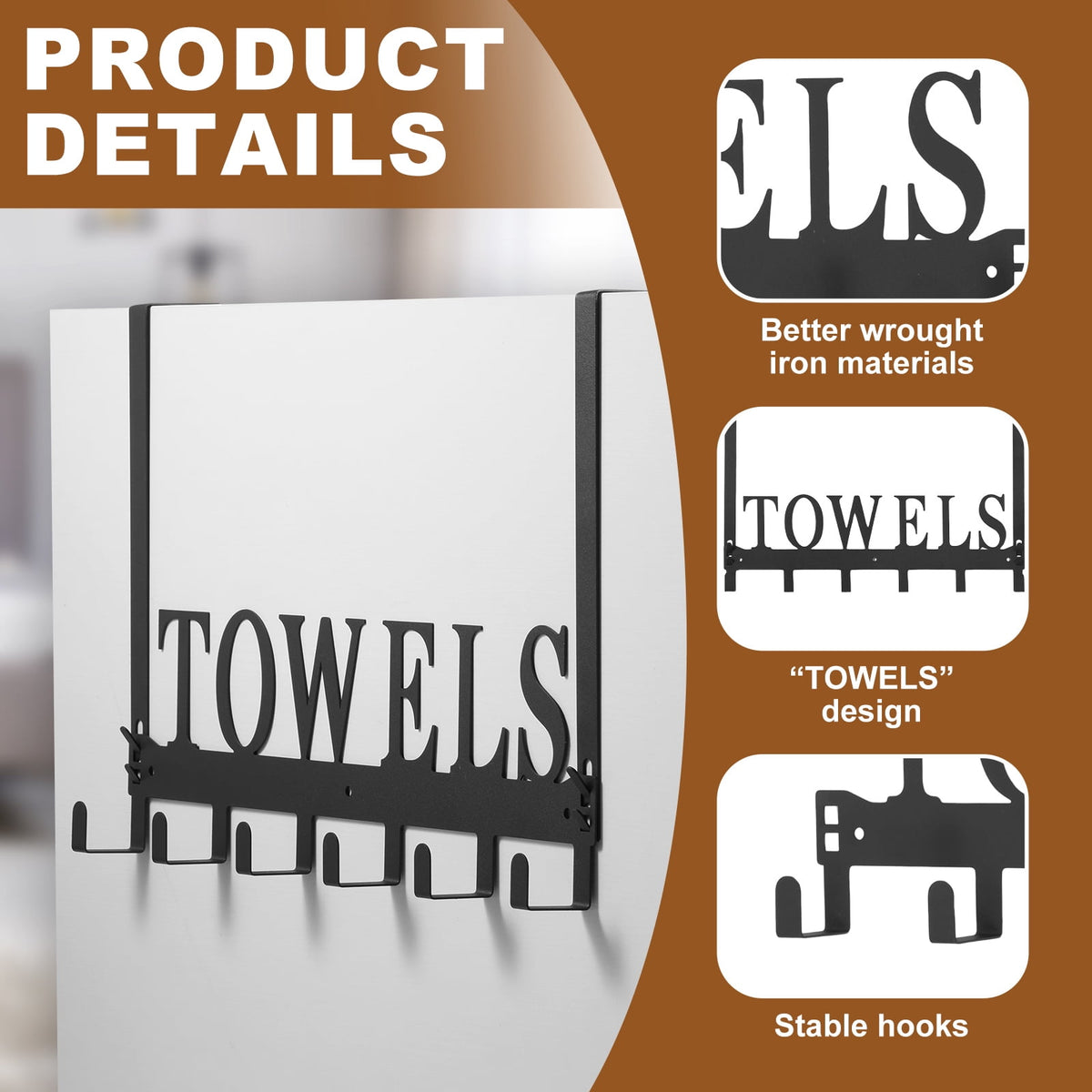 The Door Hooks - Heavy Duty Towel Rack with 6 Hooks for Bedroom, Bathroom, Kitchen - Holds Towels, Bags, Coats, Hats ... - Image 3