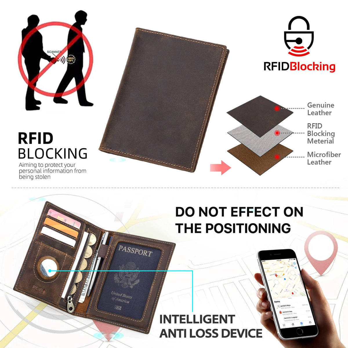 Leather Passport Card Holders for Trave Rfid , Air Tag Passport Wallet Holder (Dark Brown) - Image 6