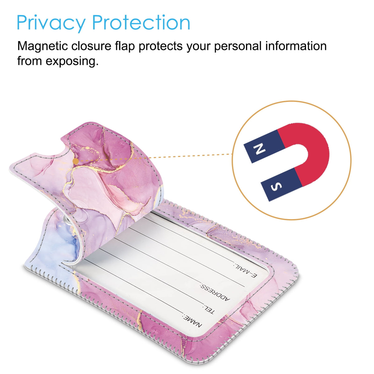 Privacy Cover ID Label with Stainless Steel Loop and Address Card for Travel Cruise Bag Suitcase, Glittering Marble - Image 6