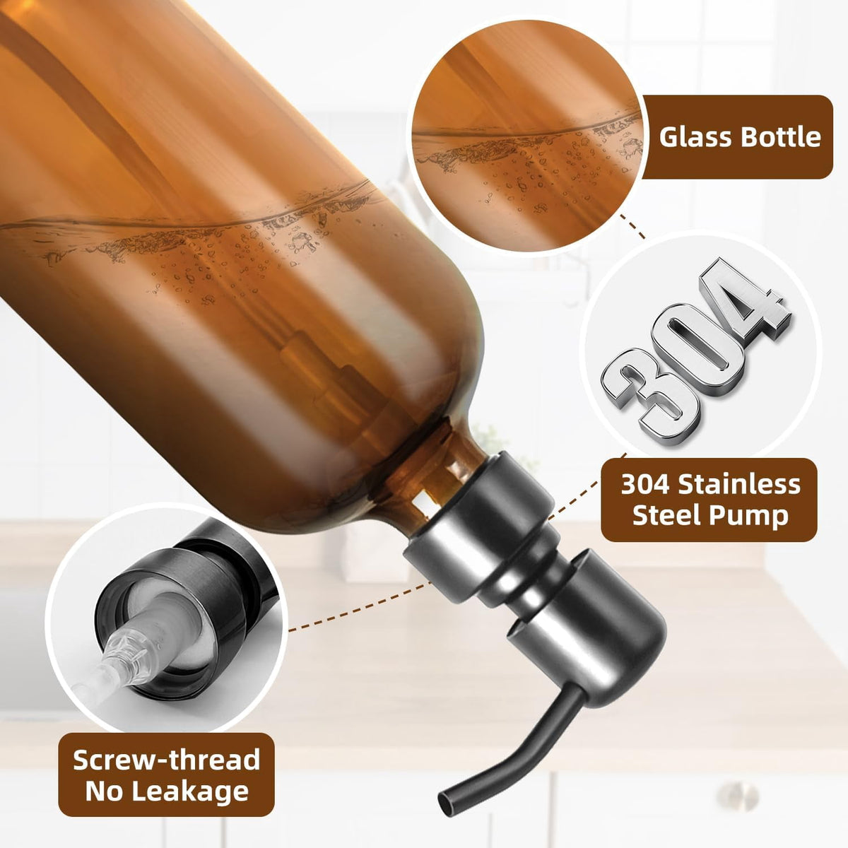 2 Pack Glass Soap Dispenser with Labels, 17 Oz Amber Hand Soap Dispensers with Stainless Steel Pump, for Essential Oi... - Image 5