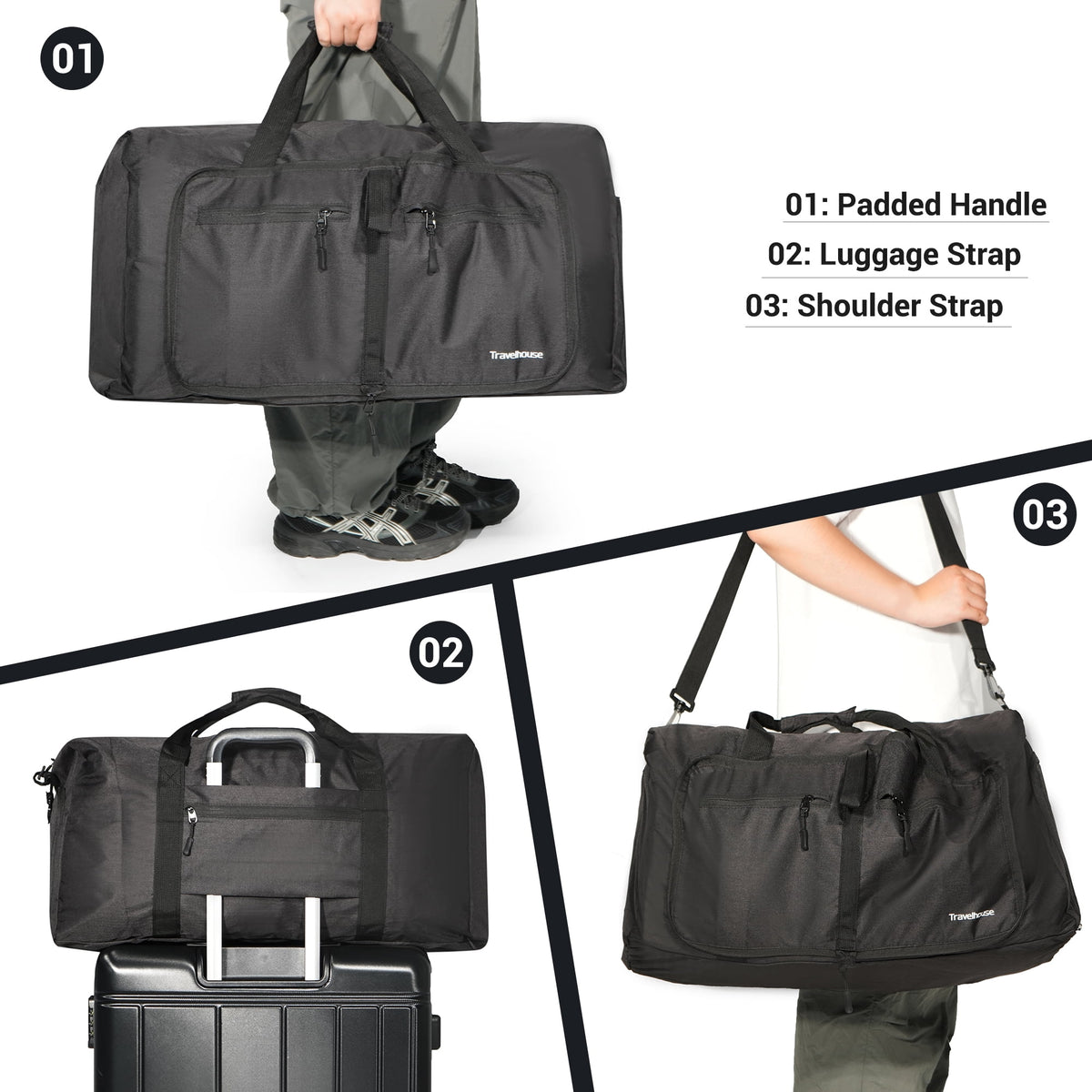 Foldable Travel Duffle Bag for Men Women with Shoes Compartment Waterproof,Black - Image 5