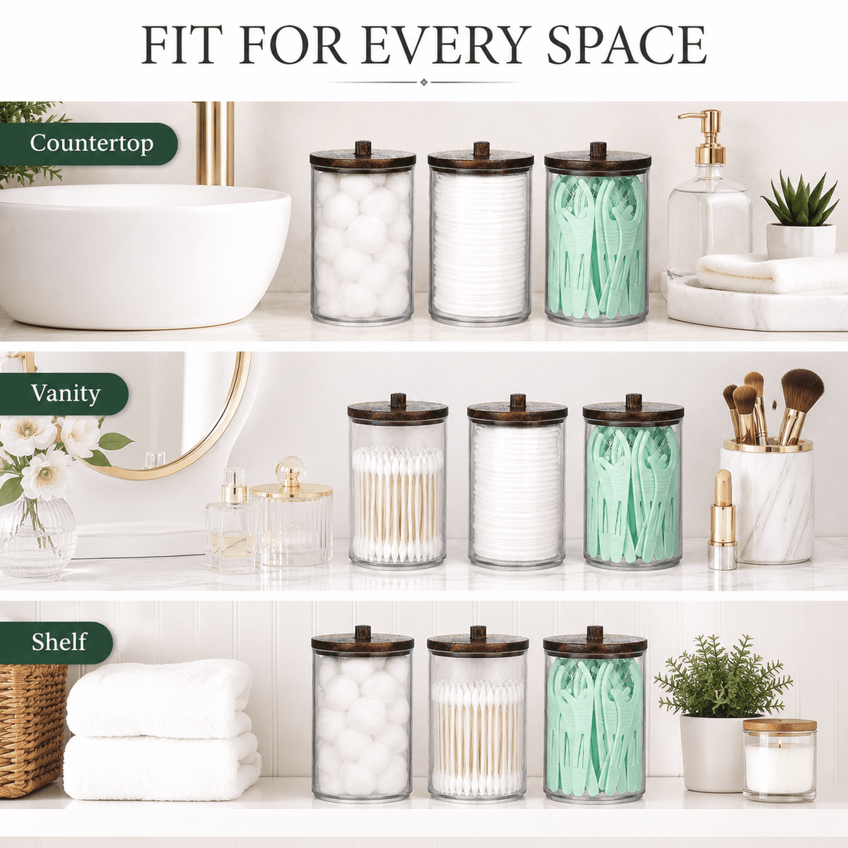 Bathroom Container, 10/7 OZ Cotton Ball/Swabs Dispenser, Apothecary Jar Organizer for Storage Brown Wood Lids - Image 3