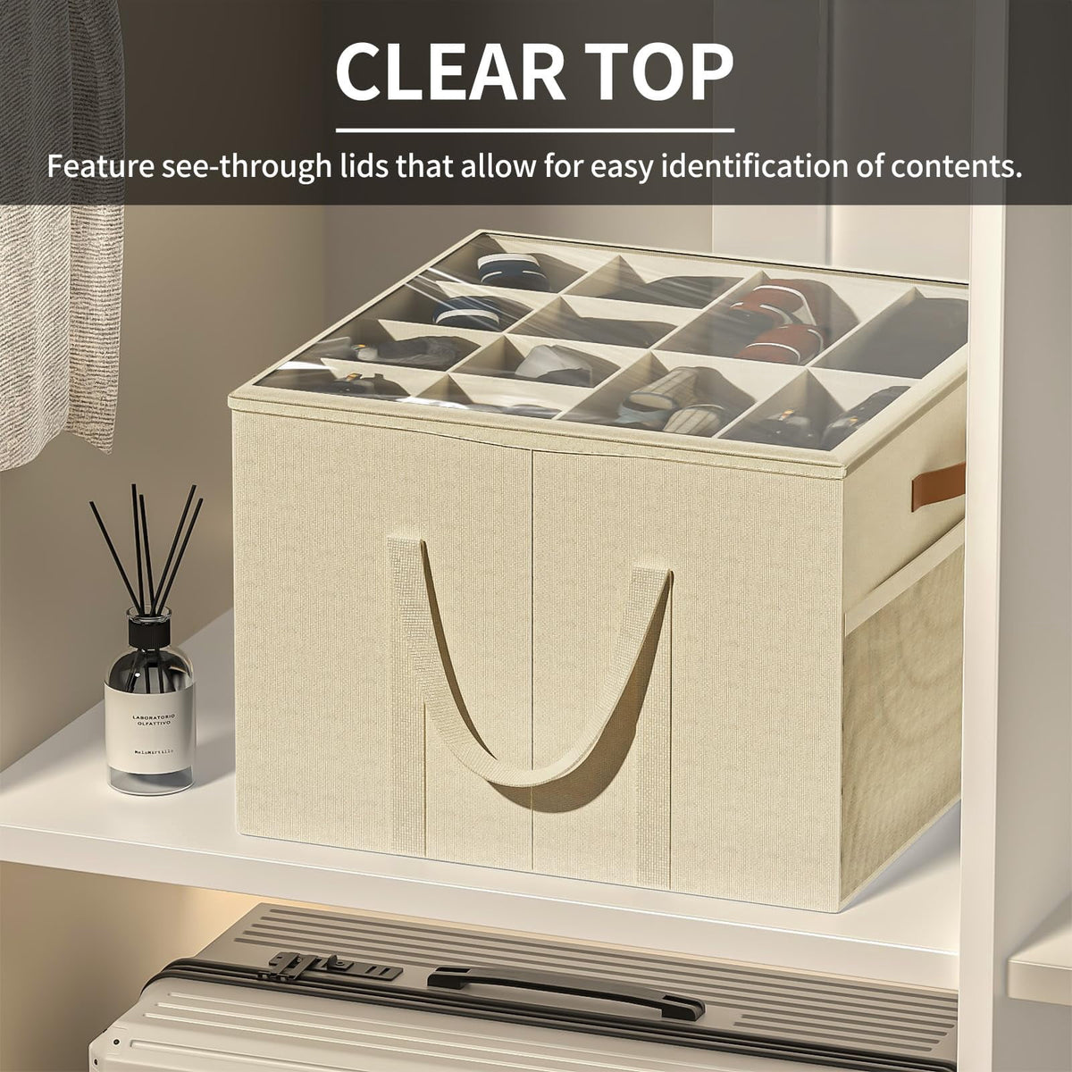 Organizer for Closet, 2 Pack Box Containers with Clear Cover and Reinforced Handles, Fits 16-32 Pairs, Beige - Image 4