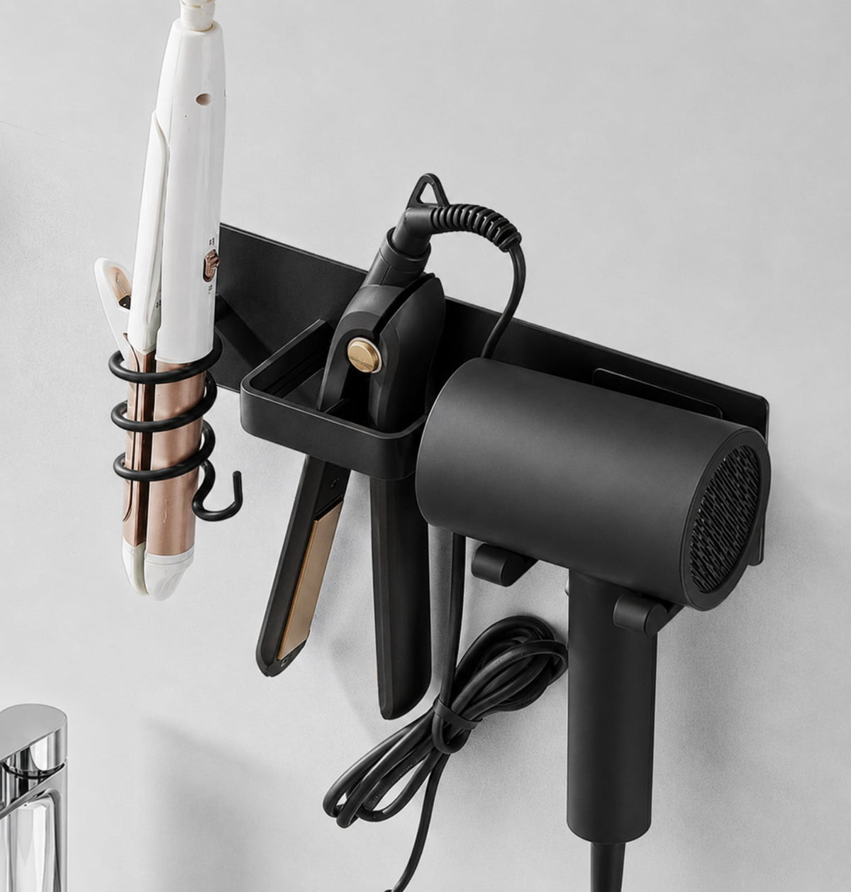 Stand Wall Mount 3-in-1 Tool Organizer with Curling Iron & Flat Iron Racks, Black - Image 6