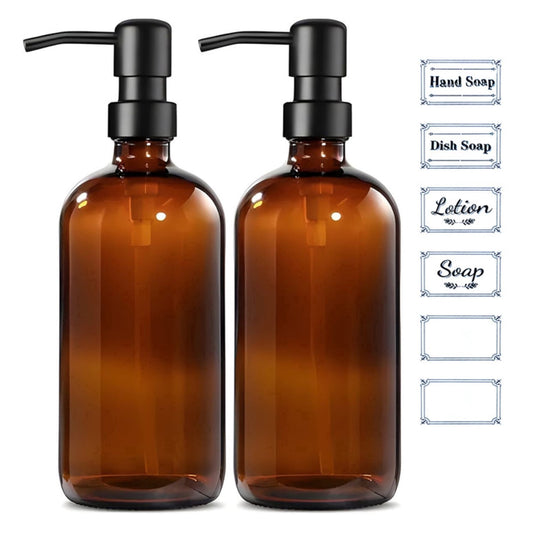 2 Pack Glass Soap Dispenser with Labels, 17 Oz Amber Hand Soap Dispensers with Stainless Steel Pump, for Essential Oi...