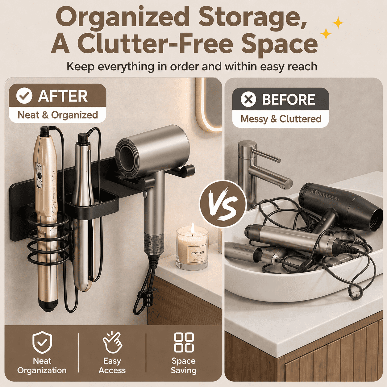 3-in-1 Hair Tool Organizer, Wall Mount